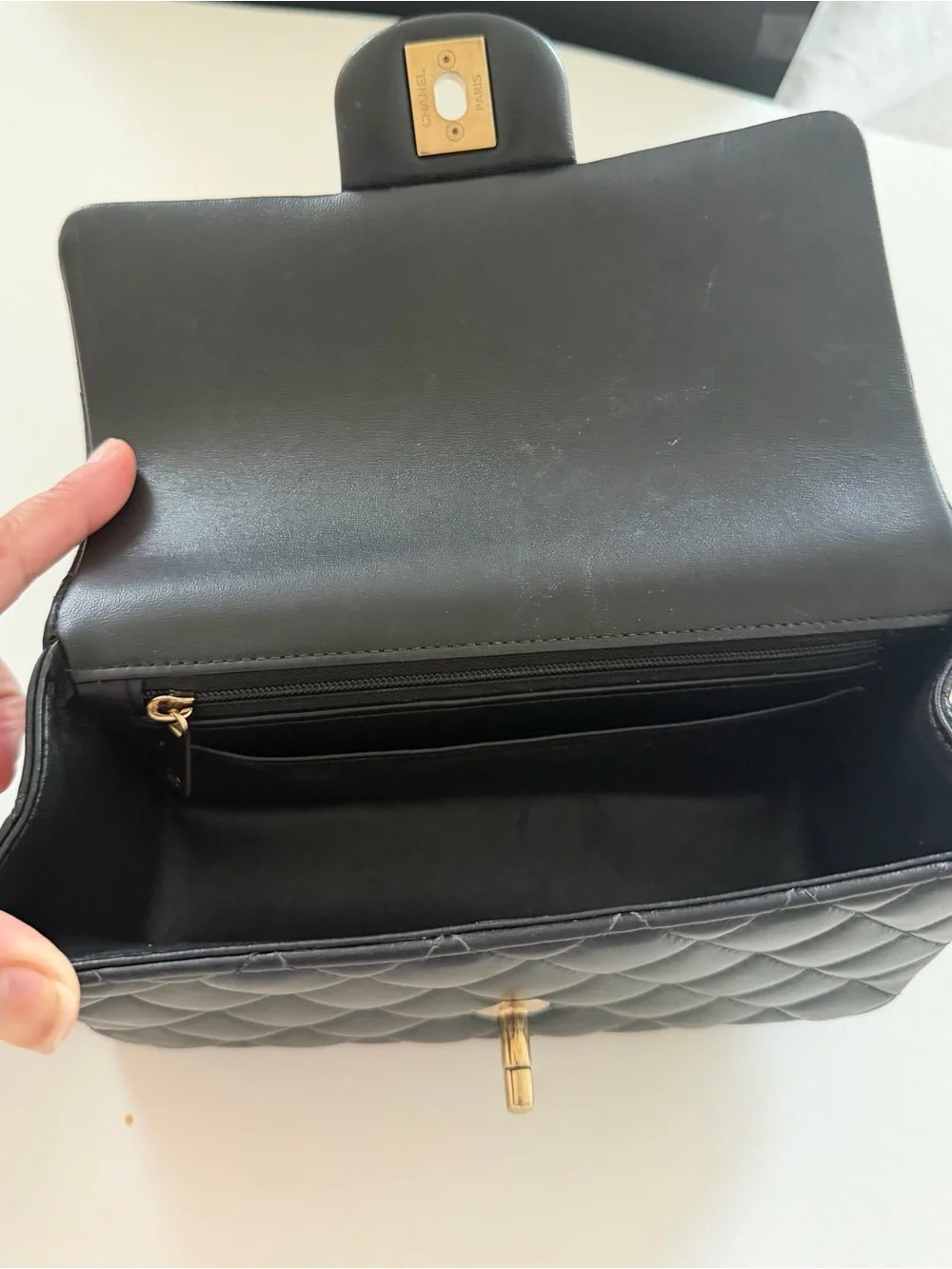 CHANEL Black Quilted Leather Top-Handle Crossbody with Gold-Tone Hardware
